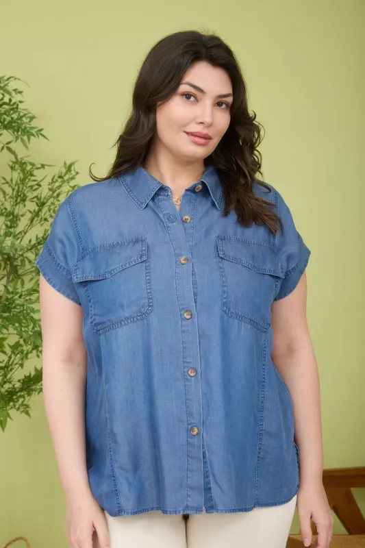 PLUS DARK CHAMBRAY COLLARED POCKET FLAP SHIRT sold by Blu Pepper