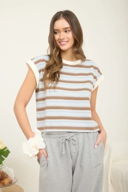 MULTI-COLOR STRIPE CREWNECK SLEEVELESS KNIT TOP made by J.O.A.