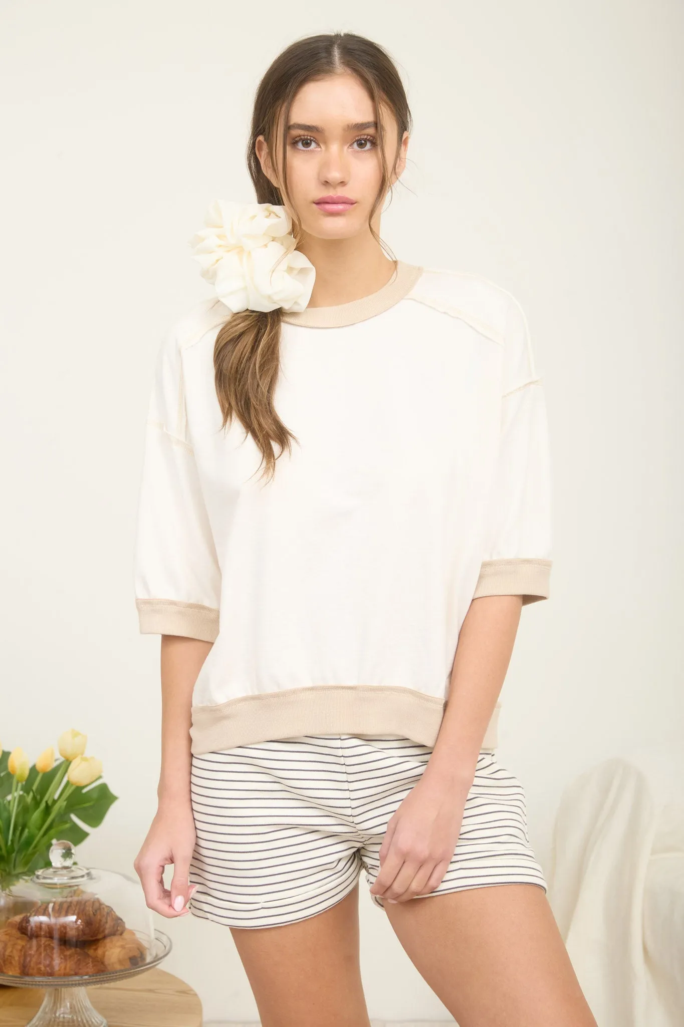 CONTRAST TRIM RAGLAN SHORT SLEEVE KNIT TOP sold by Blu Pepper product image thumbnail 5