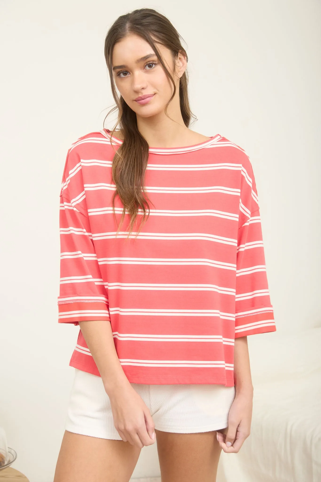 STRIPE RAW EDGE CUFF SLEEVE OVERSIZED KNIT TOP sold by Blu Pepper product image thumbnail 5