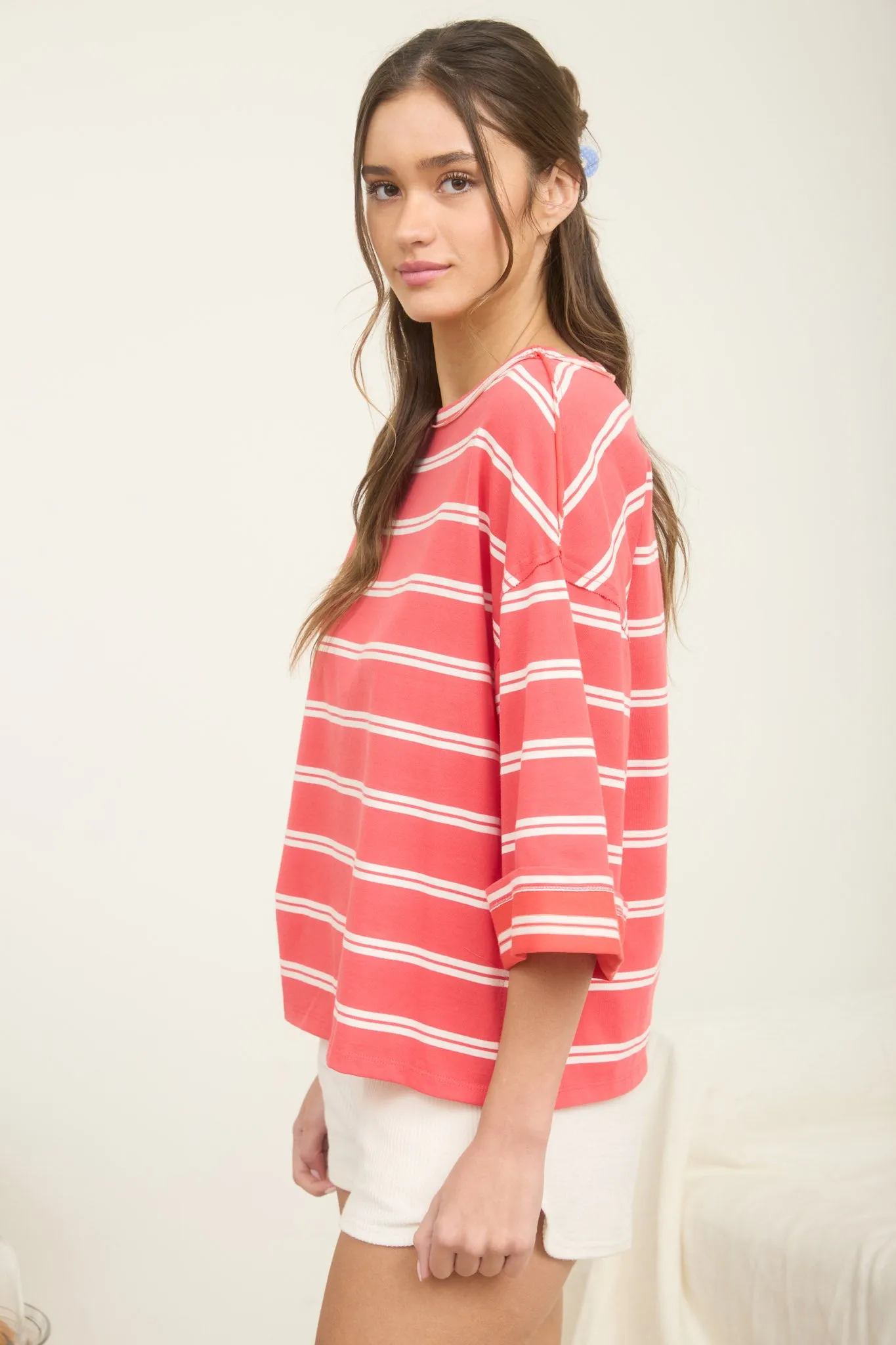 STRIPE RAW EDGE CUFF SLEEVE OVERSIZED KNIT TOP sold by Blu Pepper product image thumbnail 3