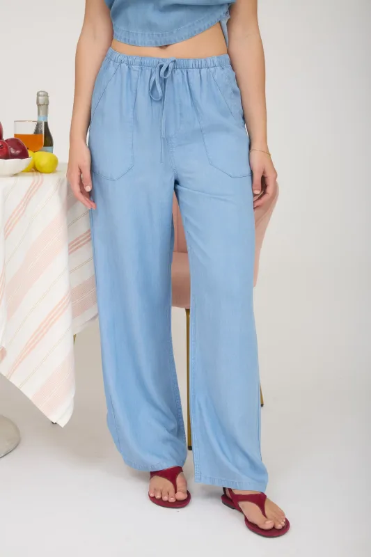 CHAMBRAY DRAWSTRING WIDE LEG LOUNGE PANTS sold by Blu Pepper