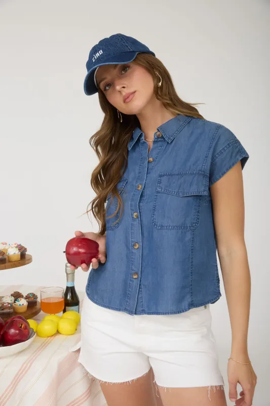 DARK CHAMBRAY COLLARED POCKET FLAP DETAIL SHIRT sold by Blu Pepper