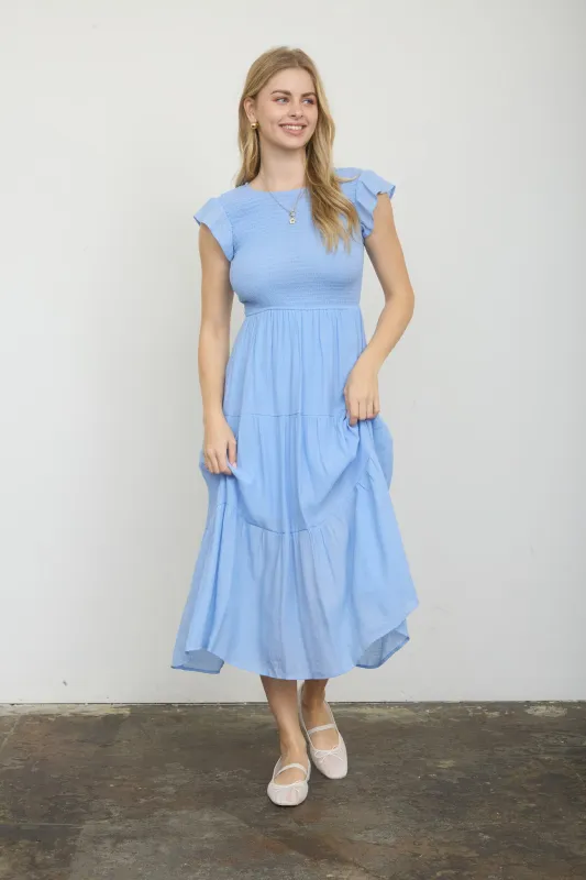 TIERED SMOCKED SHORT SLEEVE MIDI DRESS (PRE-ORDER) sold by Blu Pepper