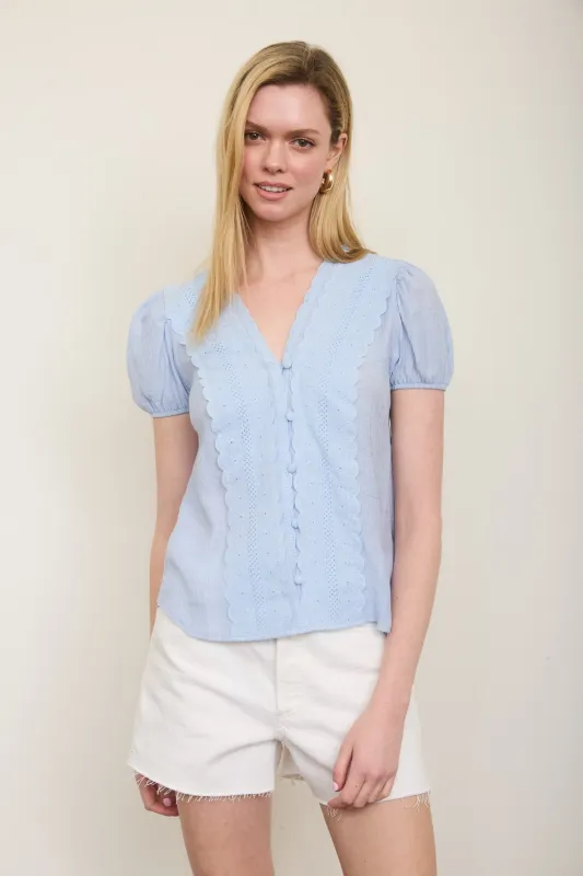 SCALLOP TRIM V NECK EDGE LACE BUTTON DOWN TOP (PRE-ORDER) sold by Blu Pepper