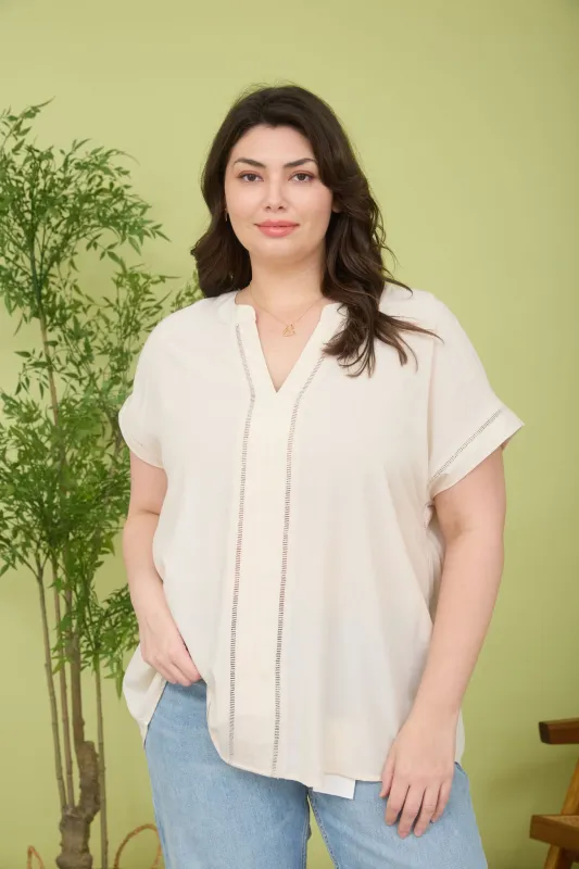 PLUS LADDER LACE TRIM SPLIT NECK SHORT SLEEVE TOP sold by Blu Pepper