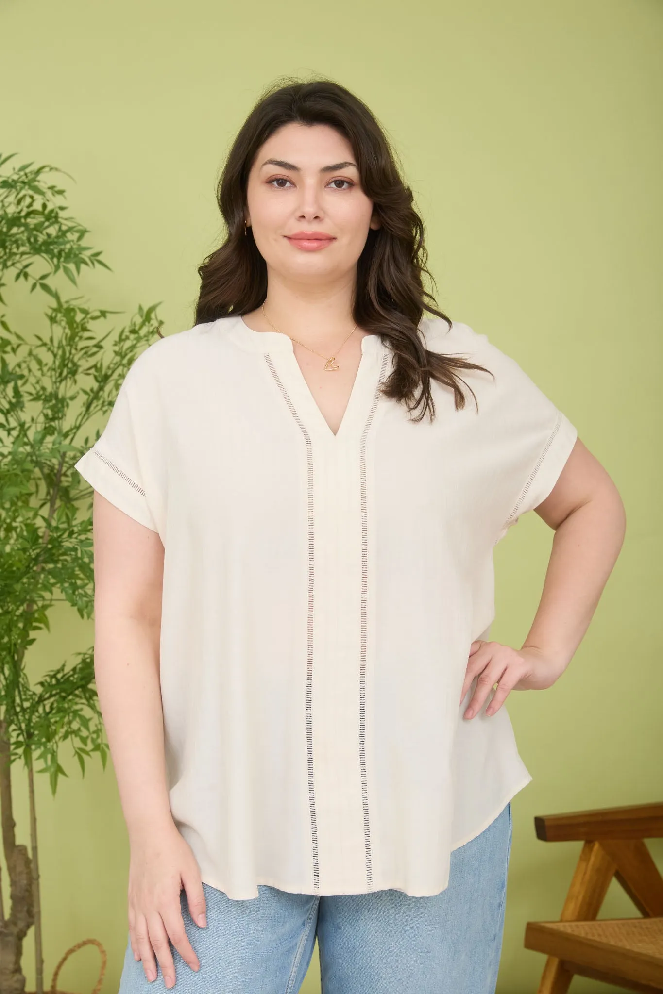 PLUS LADDER LACE TRIM SPLIT NECK SHORT SLEEVE TOP sold by Blu Pepper product image thumbnail 4