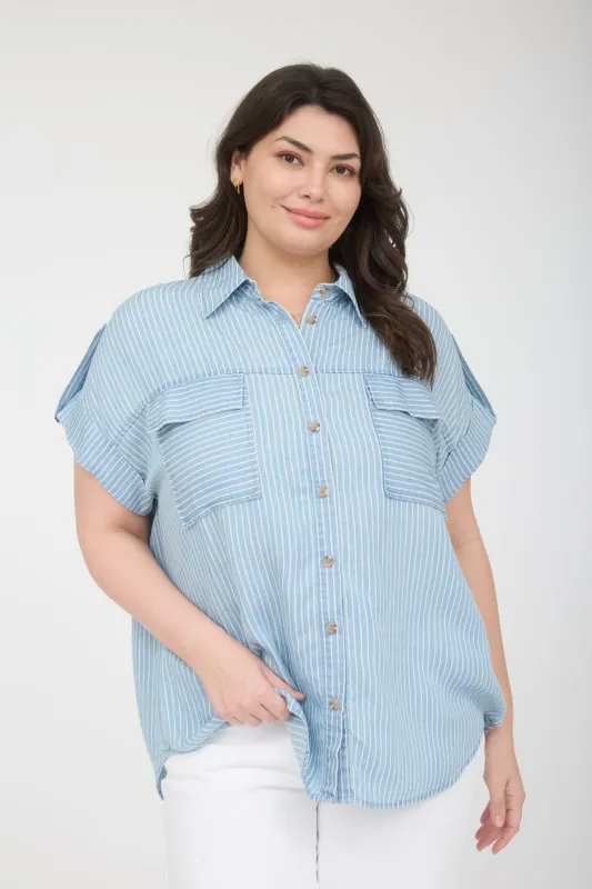 PLUS STRIPE COLLARED POCKET DETAIL CHAMBRAY TOP sold by Blu Pepper
