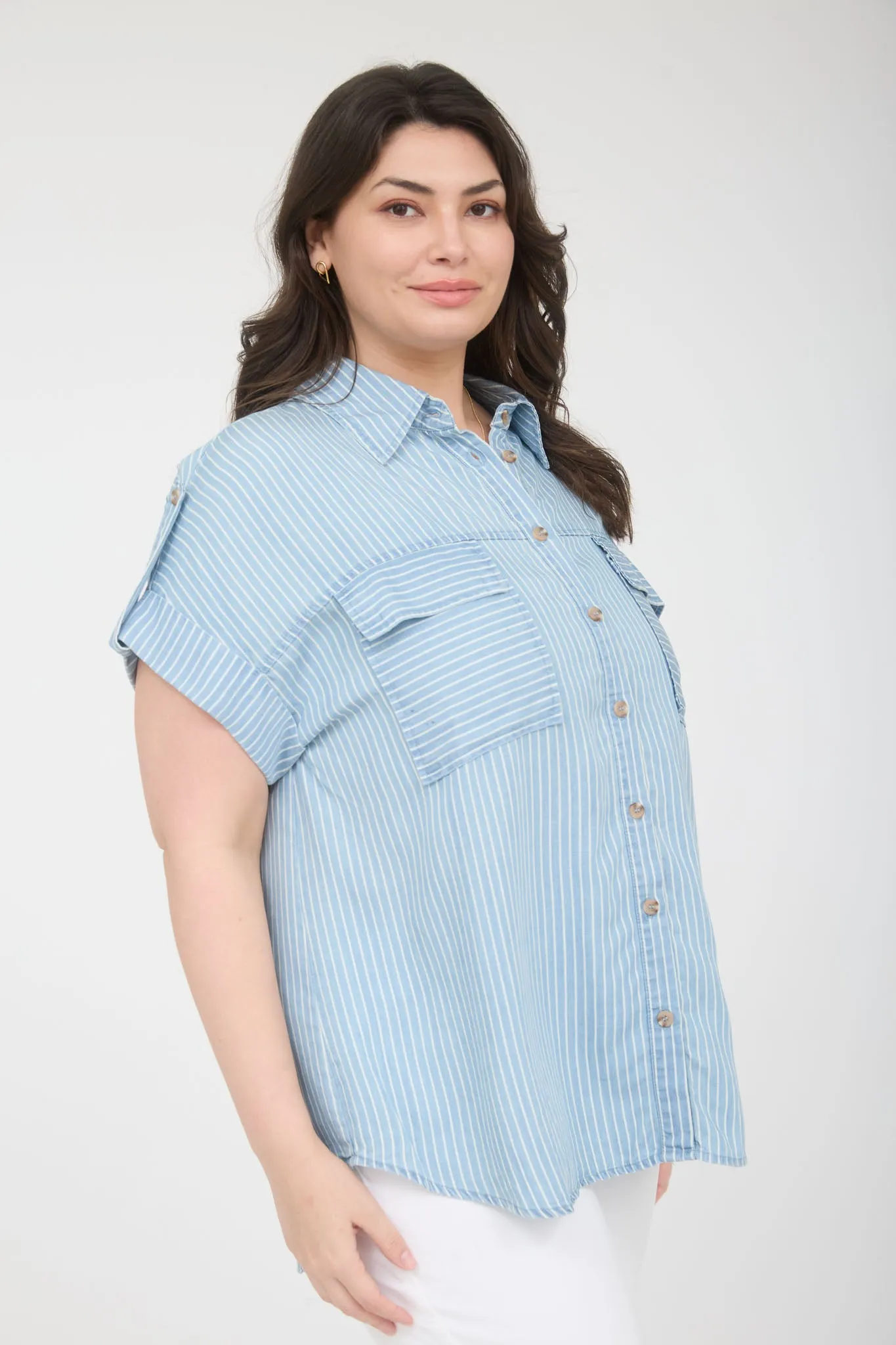 PLUS STRIPE COLLARED POCKET DETAIL CHAMBRAY TOP sold by Blu Pepper product image thumbnail 3