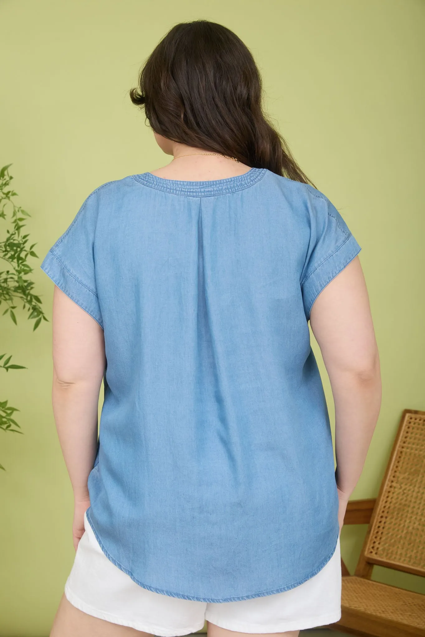 PLUS SPLIT NECK SHORT SLEEVE CHAMBRAY TOP sold by Blu Pepper product image thumbnail 2