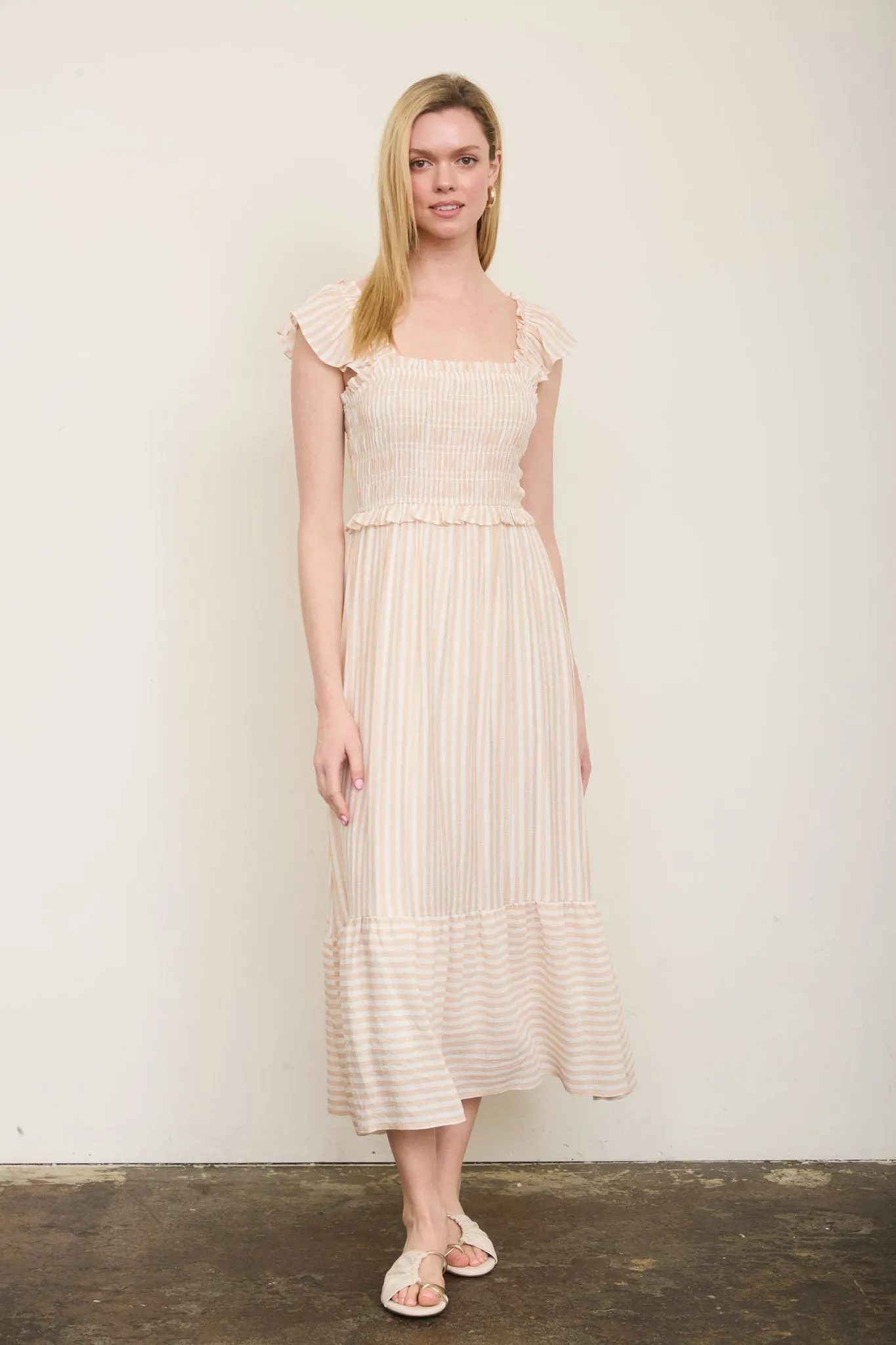PLUS STRIPE SMOCKED RUFFLE TRIM MIDI DRESS (PRE-ORDER) sold by Blu Pepper product image thumbnail 5