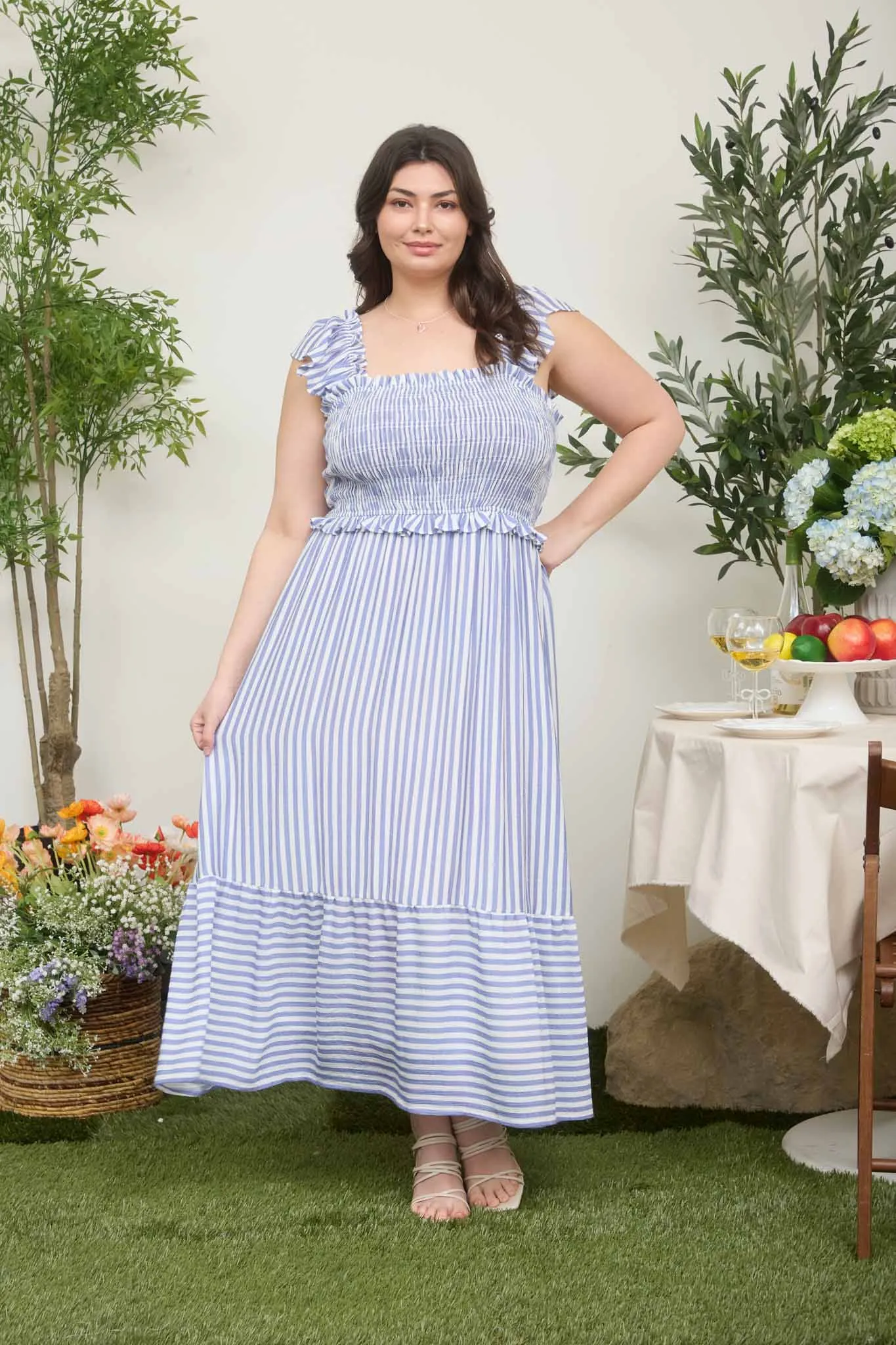 PLUS STRIPE SMOCKED RUFFLE TRIM MIDI DRESS (PRE-ORDER) sold by Blu Pepper product image thumbnail 4