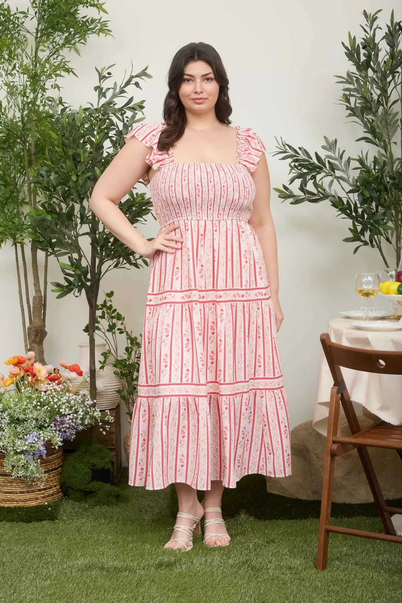 PLUS STRIPE FLORAL SMOCKED TIERED MIDI DRESS sold by Blu Pepper product image thumbnail 4