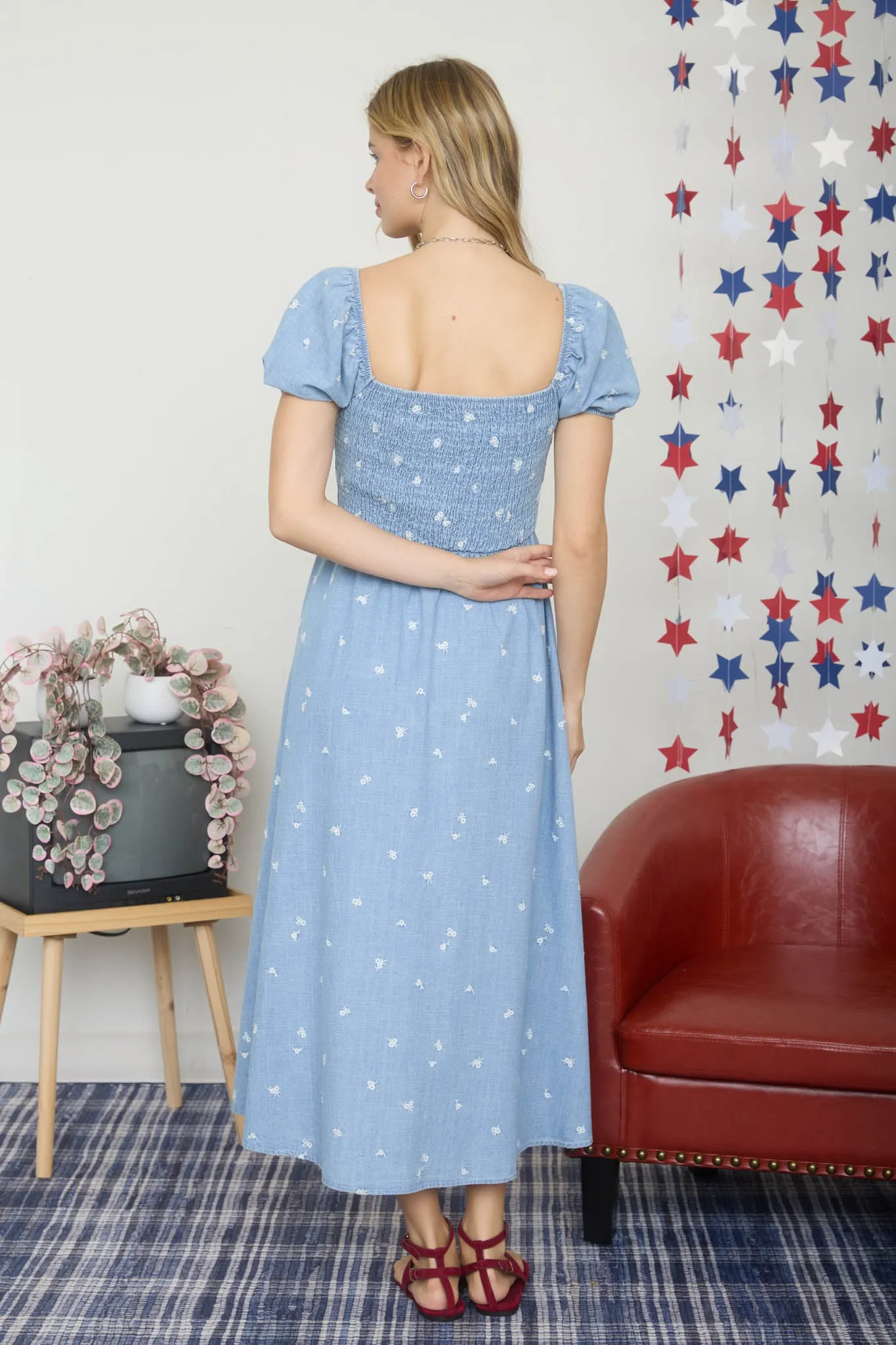 PLUS FLORAL EMBROIDERY SMOCKED DENIM MIDI DRESS sold by Blu Pepper product image thumbnail 2