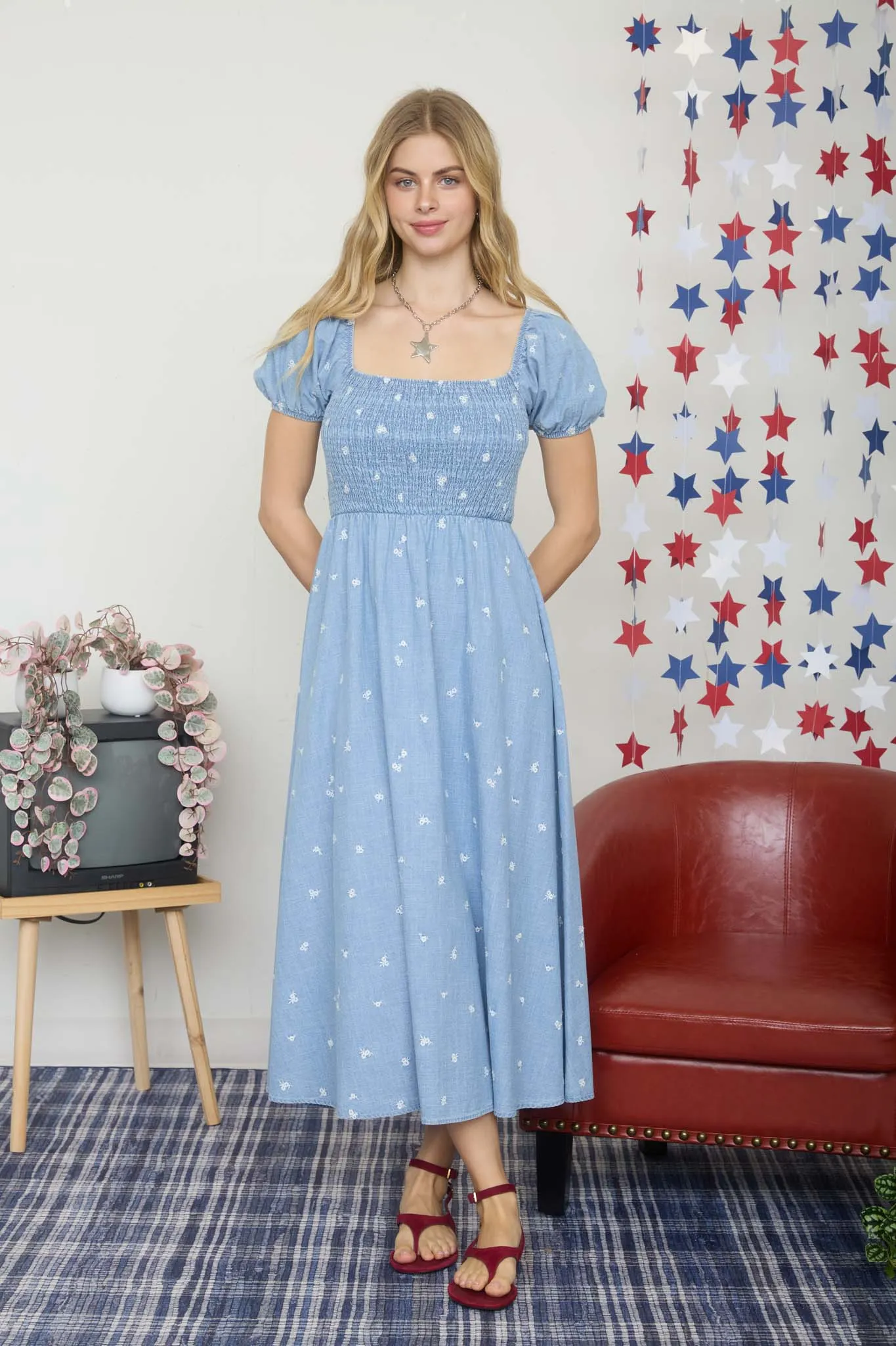 PLUS FLORAL EMBROIDERY SMOCKED DENIM MIDI DRESS sold by Blu Pepper product image thumbnail 4