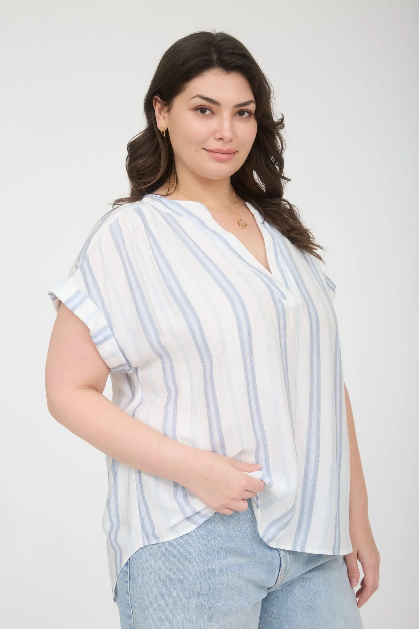 PLUS STRIPE CUFF SLEEVE SPLIT NECK TOP sold by Blu Pepper product image thumbnail 3