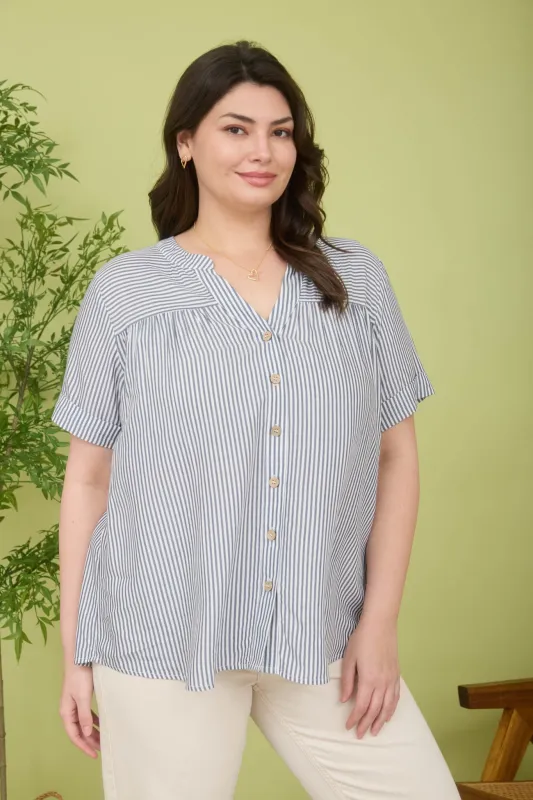 PLUS STRIPE SPLIT NECK BUTTON DOWN TOP sold by Blu Pepper