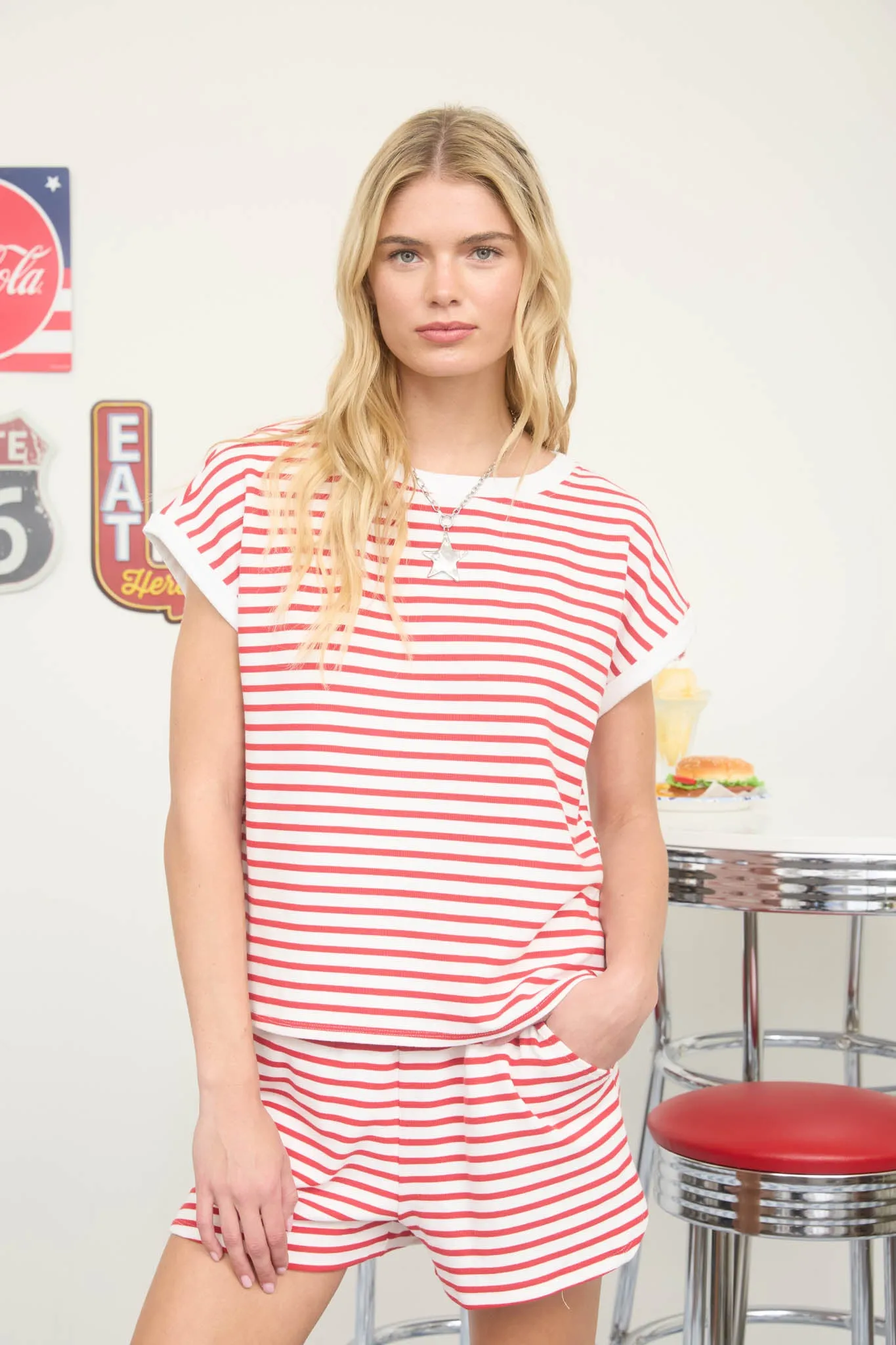 STRIPE CONTRAST TRIM SHORT SLEEVE RELAXED KNIT TOP sold by Blu Pepper product image thumbnail 4