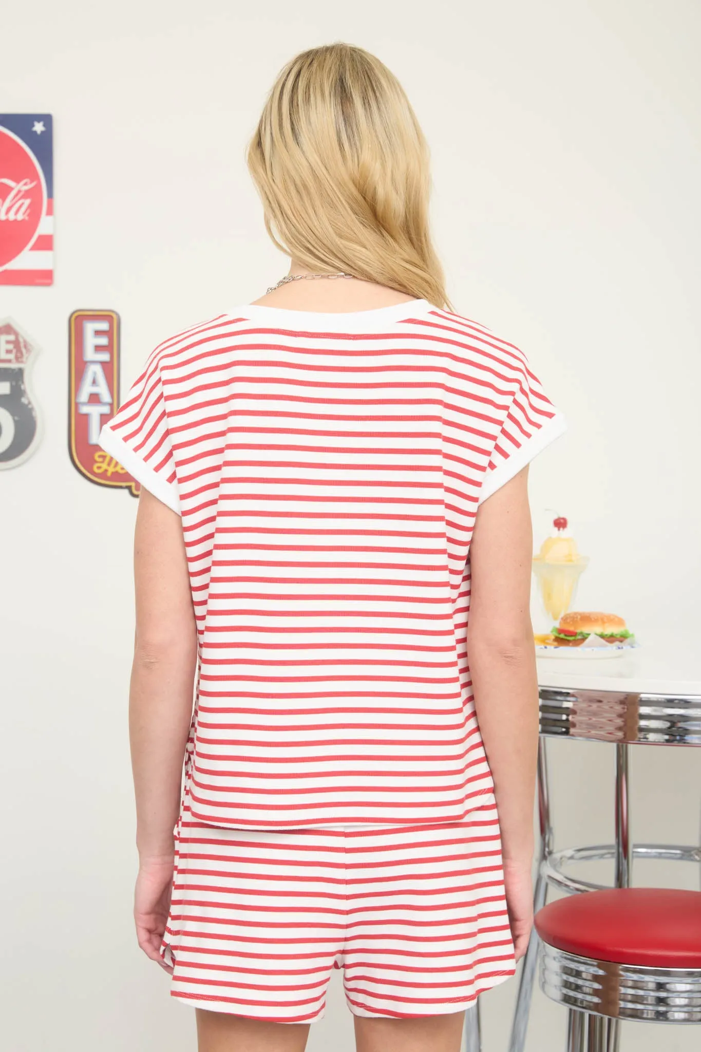 STRIPE CONTRAST TRIM SHORT SLEEVE RELAXED KNIT TOP sold by Blu Pepper product image thumbnail 2