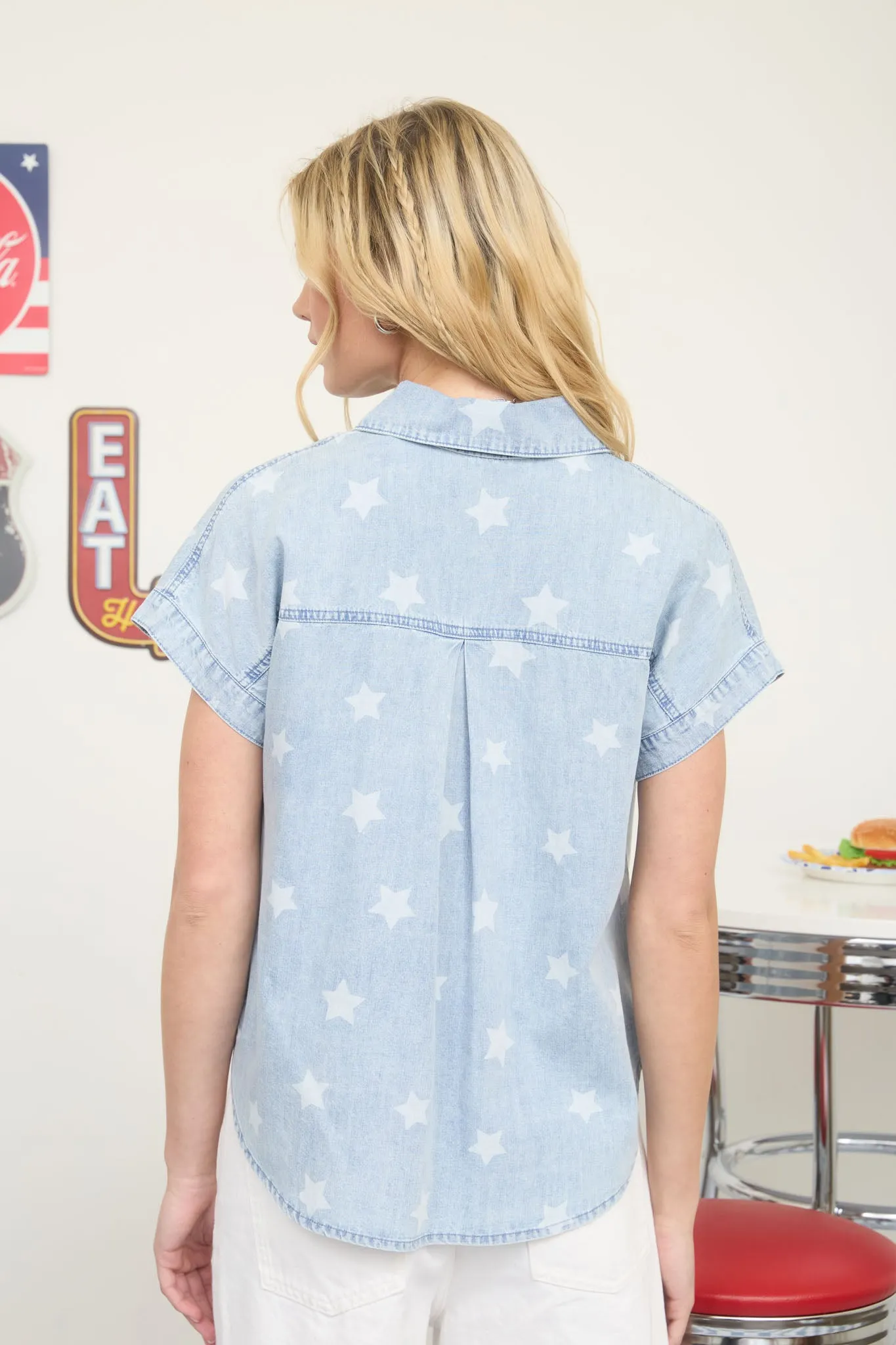 WASHED DENIM STAR PATTERN COLLARED SHIRT sold by Blu Pepper product image thumbnail 2