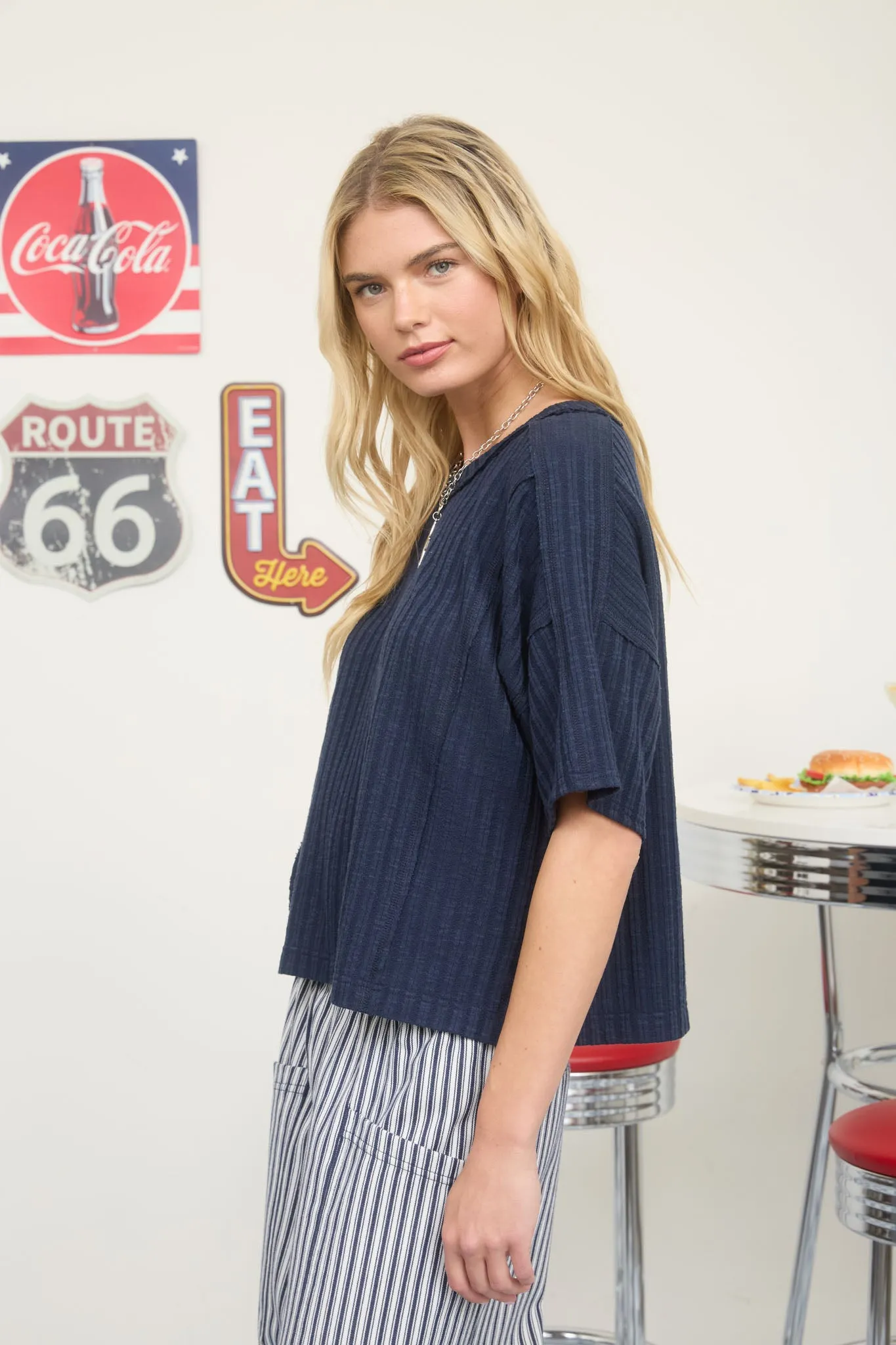 RIBBED SHORT SLEEVE BACK STAR PATCH BOXY KNIT TOP sold by Blu Pepper product image thumbnail 5