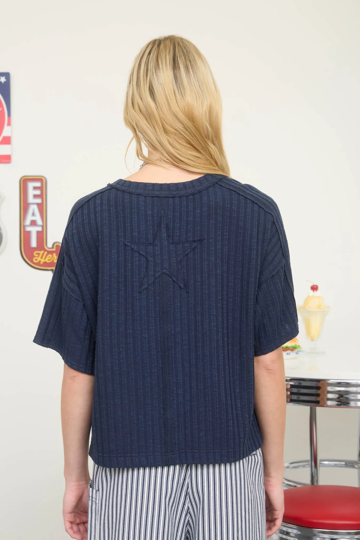 RIBBED SHORT SLEEVE BACK STAR PATCH BOXY KNIT TOP sold by Blu Pepper product image thumbnail 2