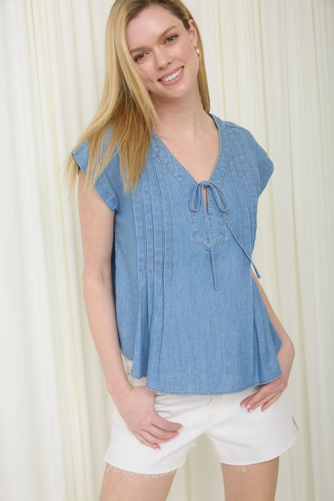 V NECK FRONT TIE PINTUCK DETAIL CHAMBRAY TOP sold by Blu Pepper product image thumbnail 4
