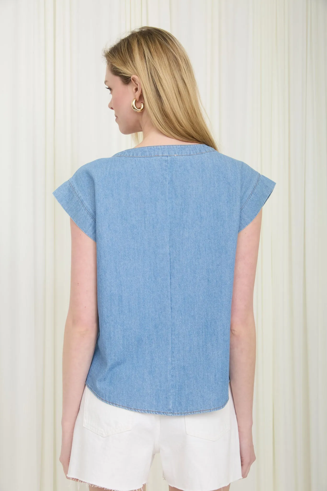 V NECK FRONT TIE PINTUCK DETAIL CHAMBRAY TOP sold by Blu Pepper product image thumbnail 2