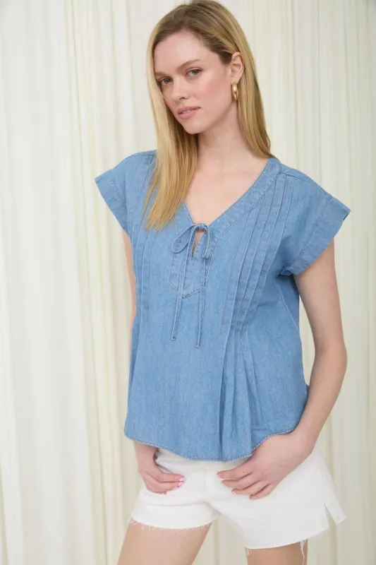 V NECK FRONT TIE PINTUCK DETAIL CHAMBRAY TOP sold by Blu Pepper
