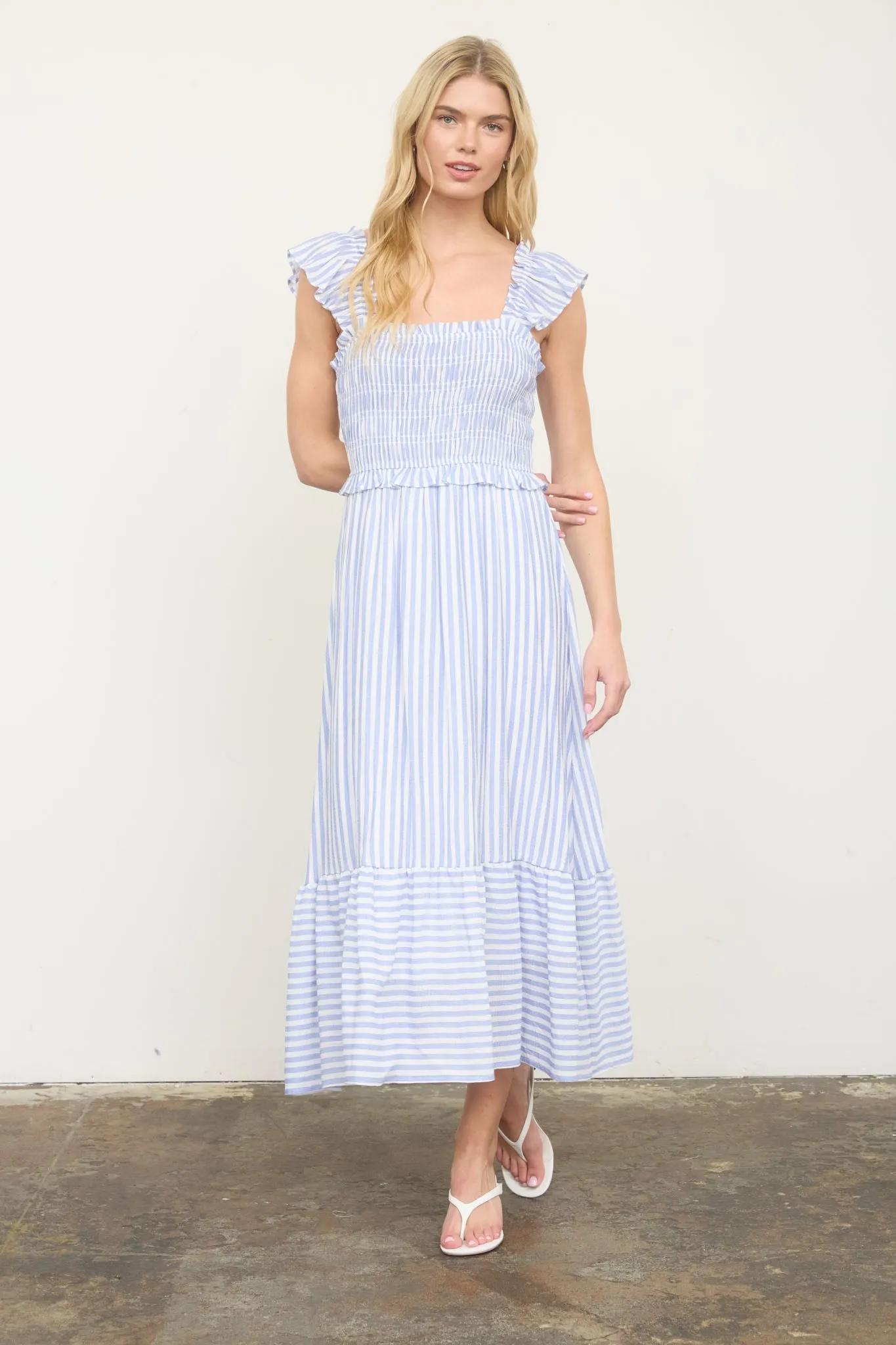 STRIPE SMOCKED RUFFLE TRIM MIDI DRESS sold by Blu Pepper product image thumbnail 5