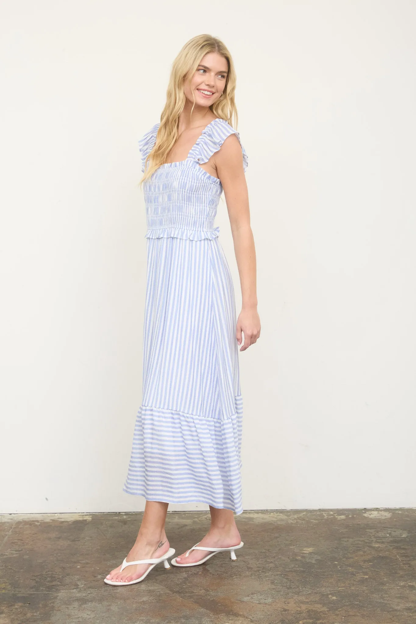 STRIPE SMOCKED RUFFLE TRIM MIDI DRESS sold by Blu Pepper product image thumbnail 3