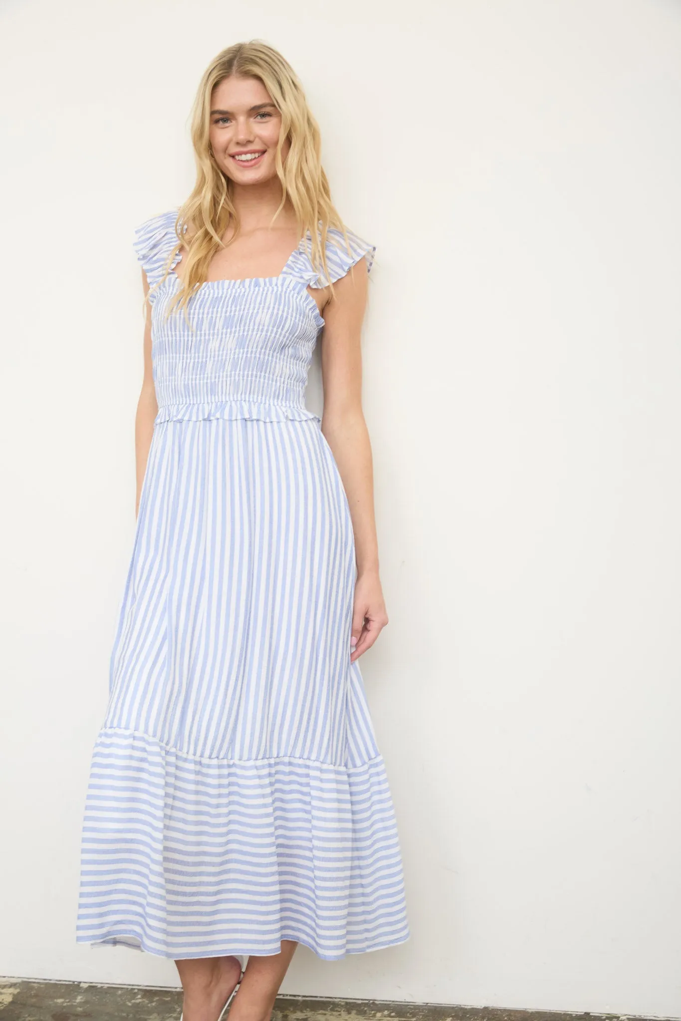 STRIPE SMOCKED RUFFLE TRIM MIDI DRESS sold by Blu Pepper