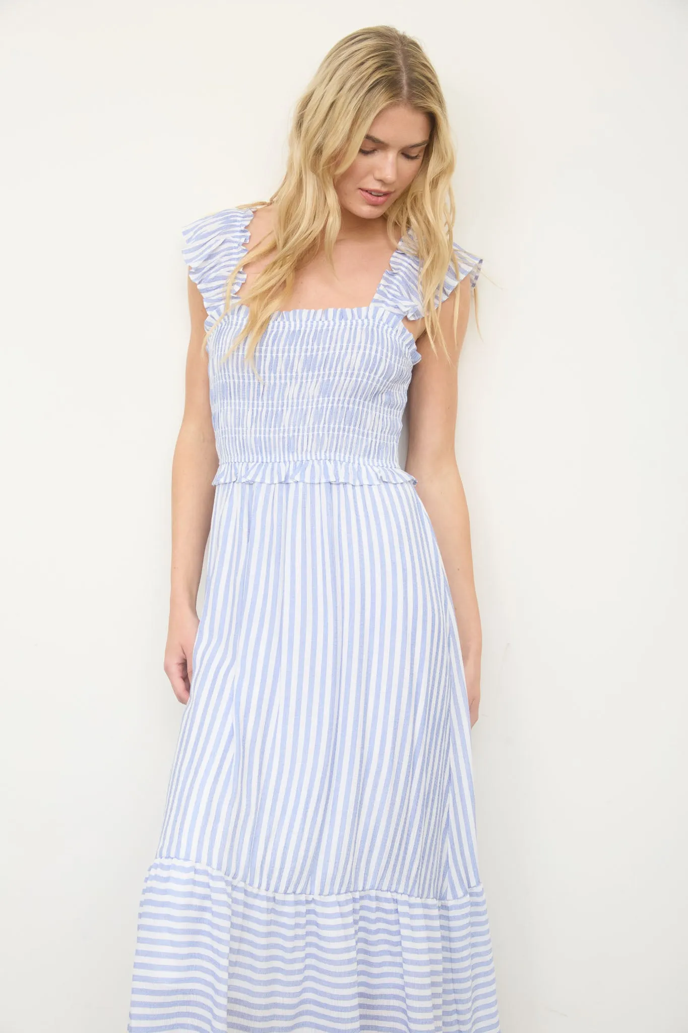 STRIPE SMOCKED RUFFLE TRIM MIDI DRESS sold by Blu Pepper product image thumbnail 4
