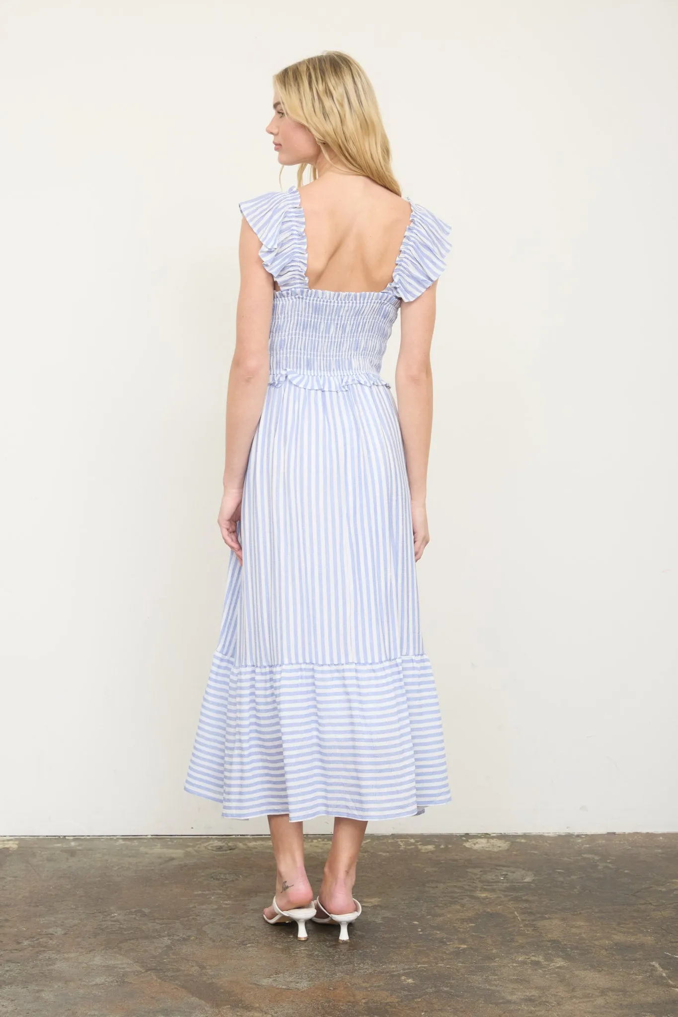 STRIPE SMOCKED RUFFLE TRIM MIDI DRESS sold by Blu Pepper product image thumbnail 2