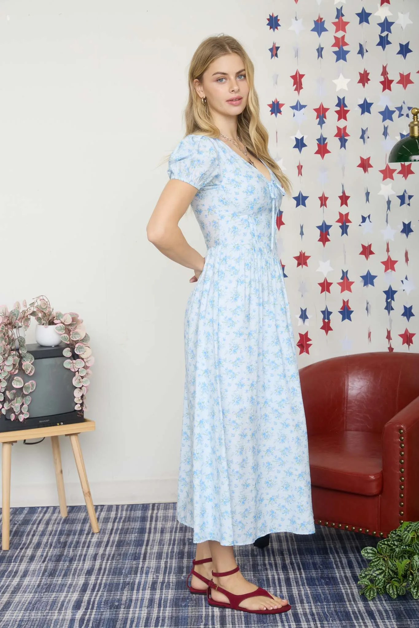 FLORAL PUFF SLEEVE V NECK CORSET DETAIL MIDI DRESS sold by Blu Pepper product image thumbnail 3