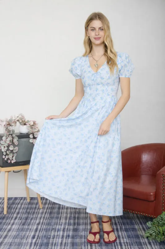 FLORAL PUFF SLEEVE V NECK CORSET DETAIL MIDI DRESS sold by Blu Pepper