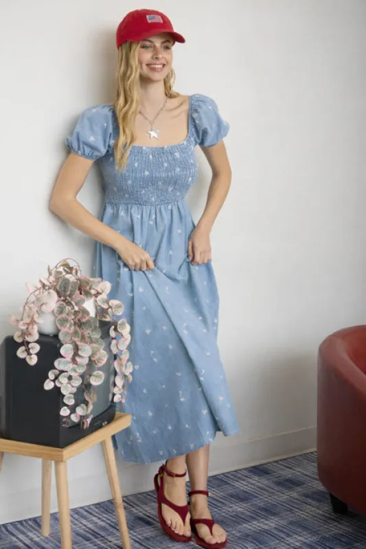 FLORAL EMBROIDERY SMOCKED DENIM MIDI DRESS sold by Blu Pepper