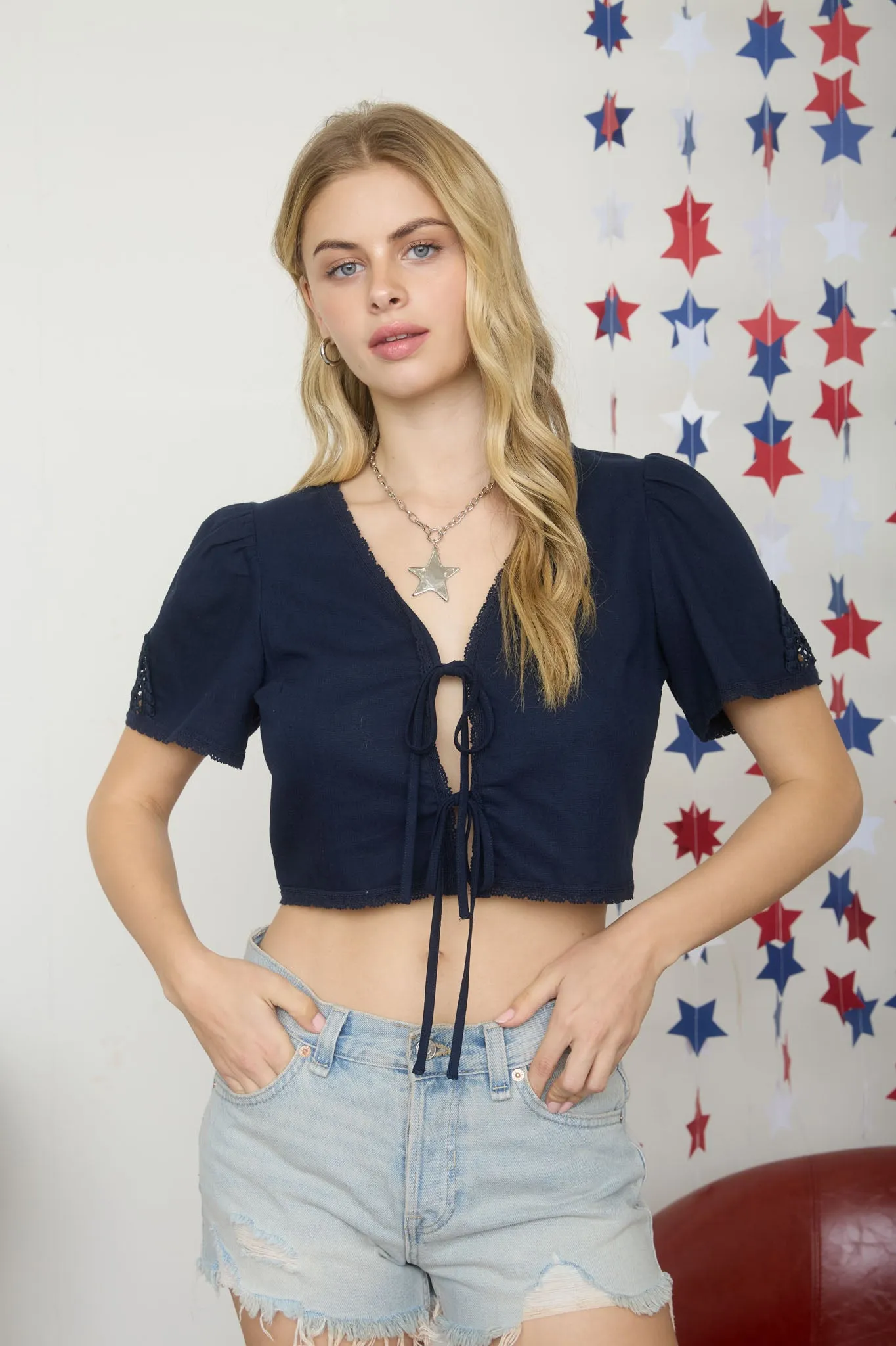 FRONT TIE LACE DETAIL SHORT SLEEVE CROP TOP sold by Blu Pepper product image thumbnail 4