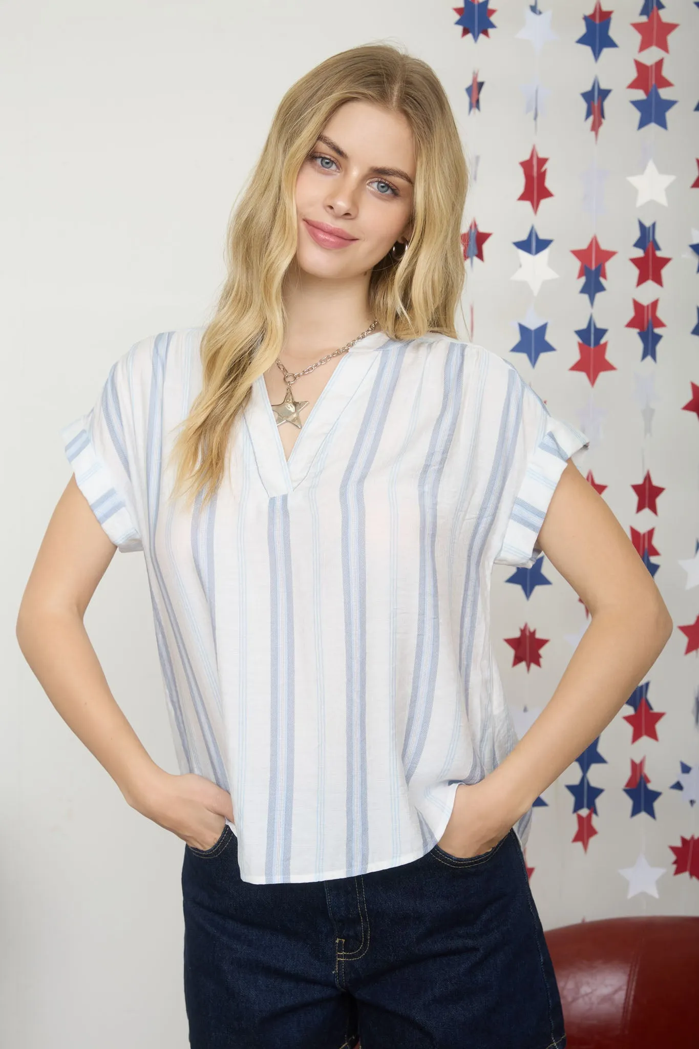 STRIPE CUFF SLEEVE SPLIT NECK TOP sold by Blu Pepper product image thumbnail 5
