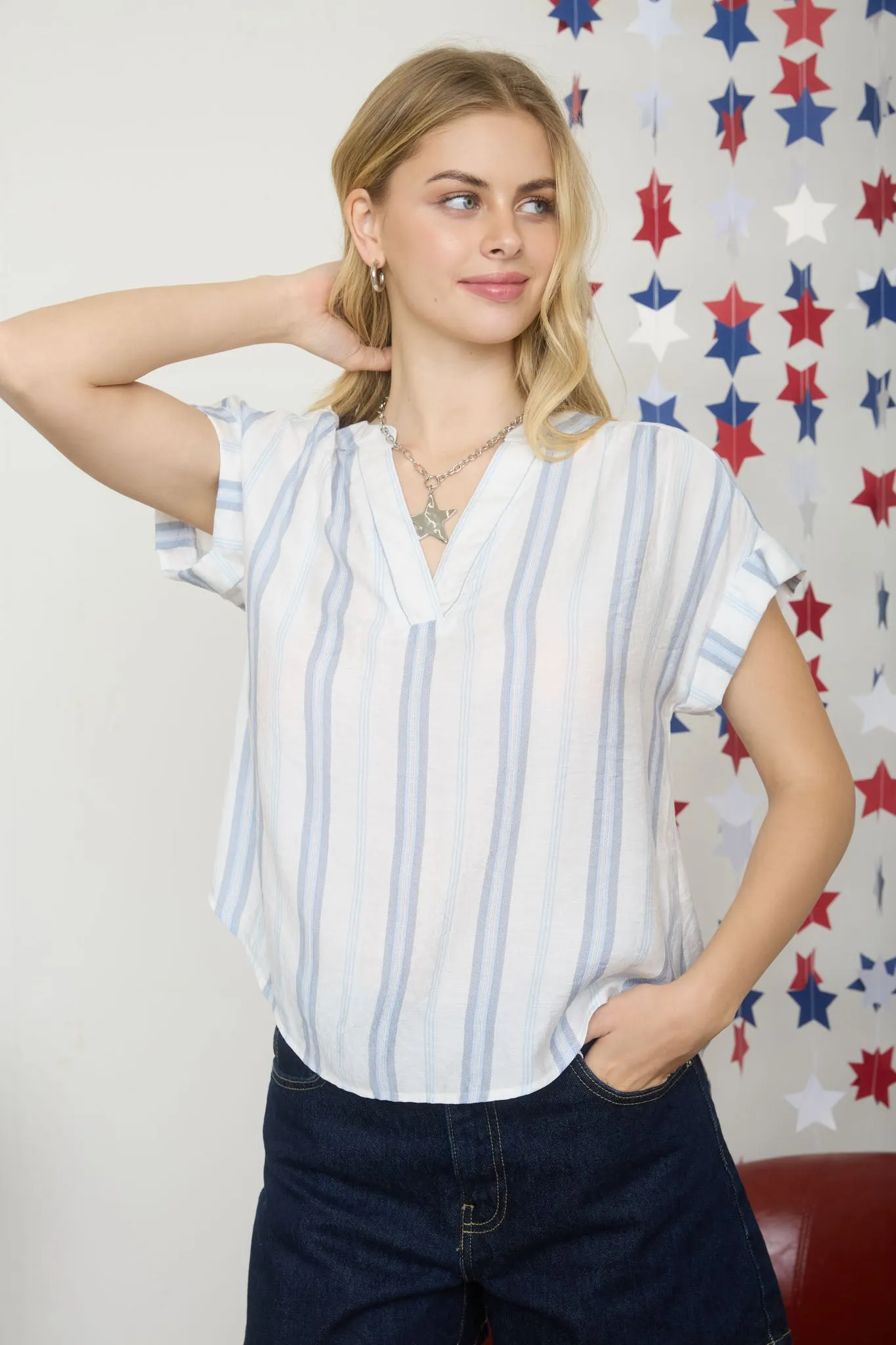 STRIPE CUFF SLEEVE SPLIT NECK TOP sold by Blu Pepper product image thumbnail 4