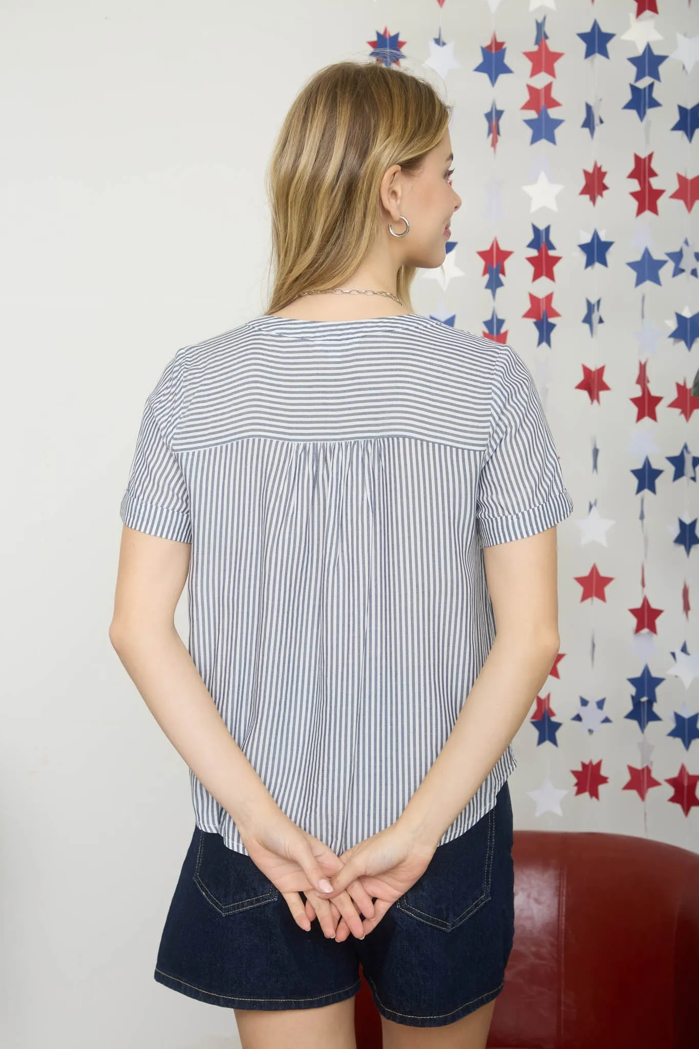 STRIPE SPLIT NECK BUTTON DOWN SHORT SLEEVE TOP sold by Blu Pepper product image thumbnail 2