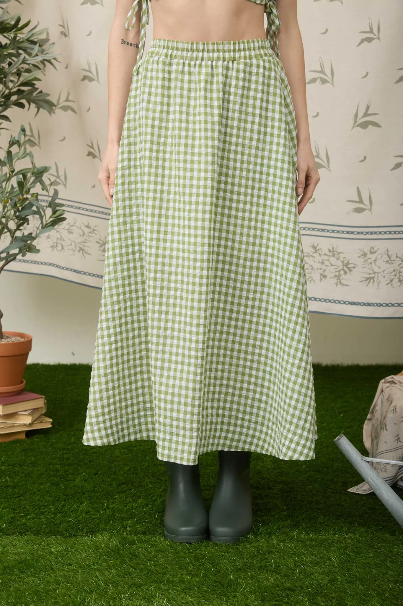 GINGHAM ELASTIC WAIST MIDI SKIRT sold by Blu Pepper