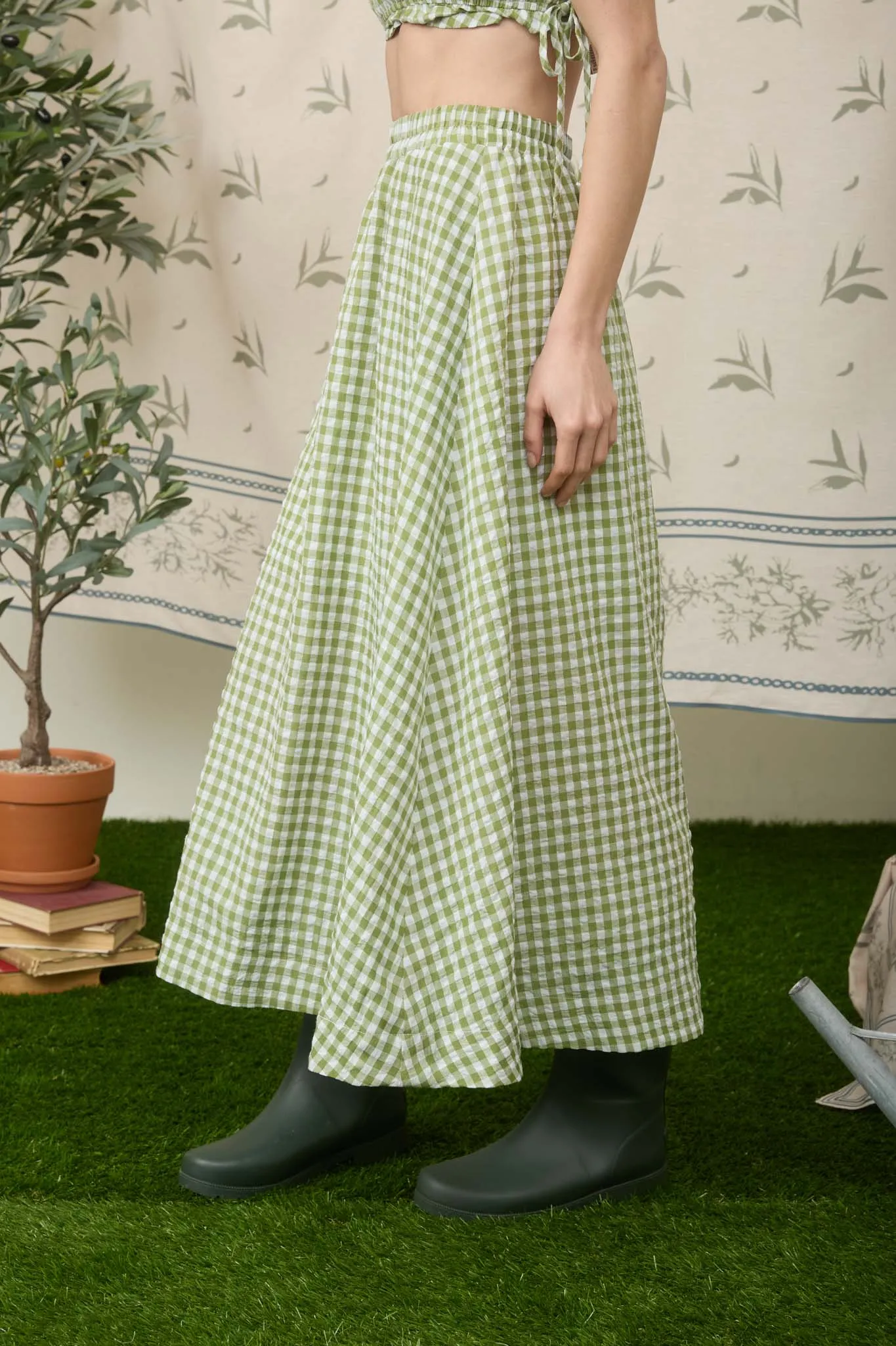 GINGHAM ELASTIC WAIST MIDI SKIRT sold by Blu Pepper product image thumbnail 3