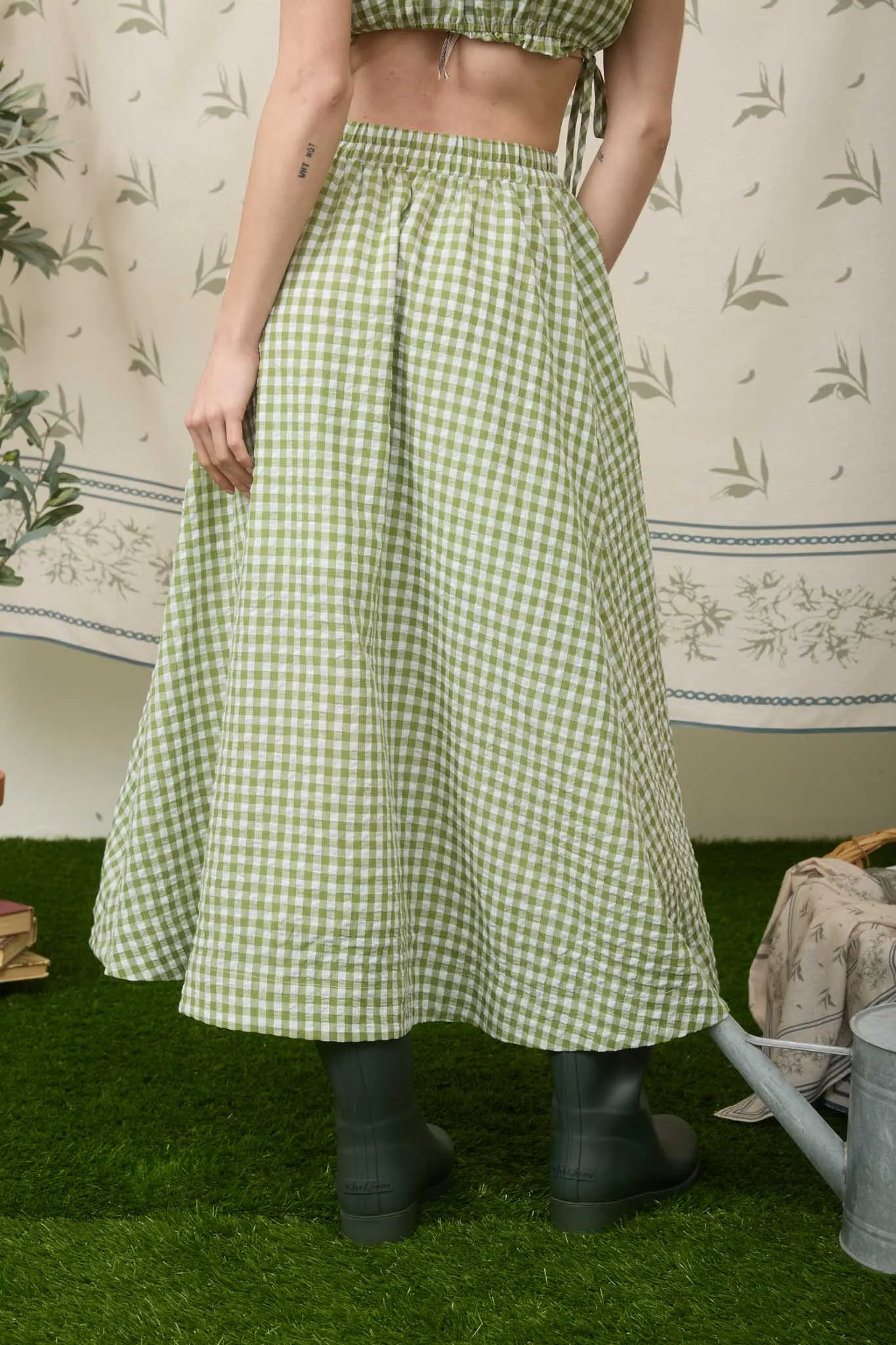 GINGHAM ELASTIC WAIST MIDI SKIRT sold by Blu Pepper product image thumbnail 2