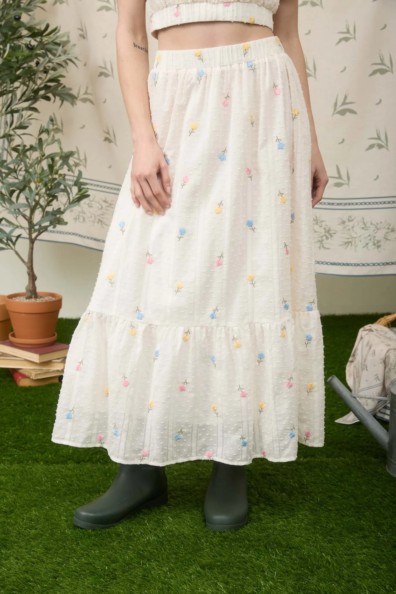 FLORAL EMBROIDERY CLIP DOT PATTERN MIDI SKIRT sold by Blu Pepper