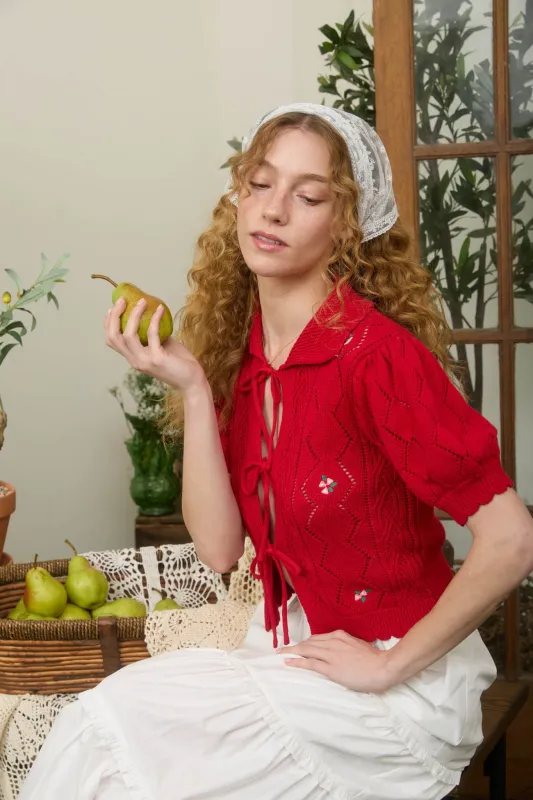 FLORAL EMBROIDERY CROCHET KNIT FRONT TIE SWEATER sold by Blu Pepper