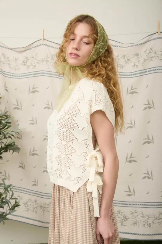 CLIP DOT SHORT SLEEVE SIDE TIE CROCHET SWEATER made by Blu Pepper