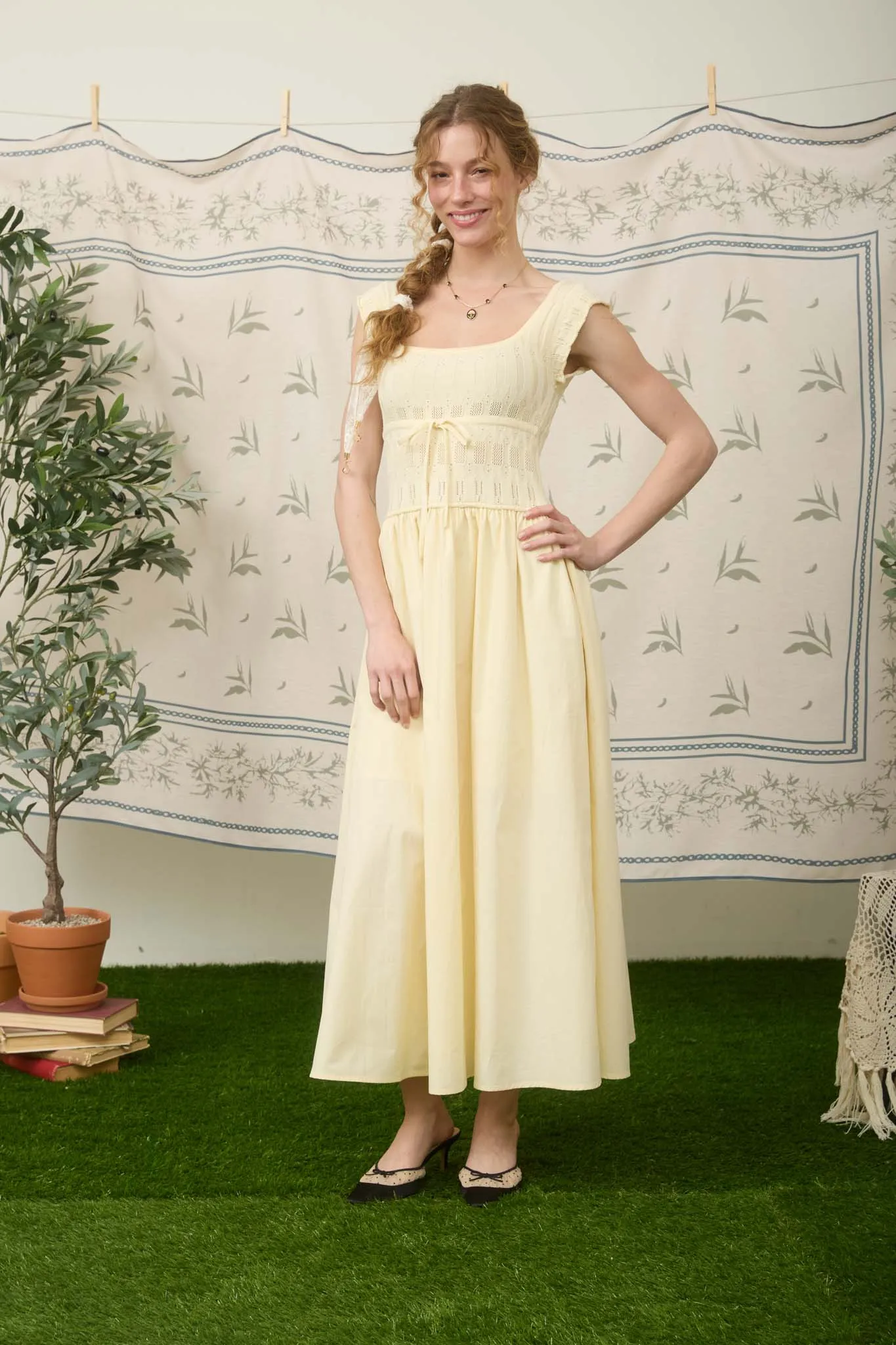 DRAWSTRING DETAIL MIXED MEDIA MIDI DRESS sold by Blu Pepper product image thumbnail 5