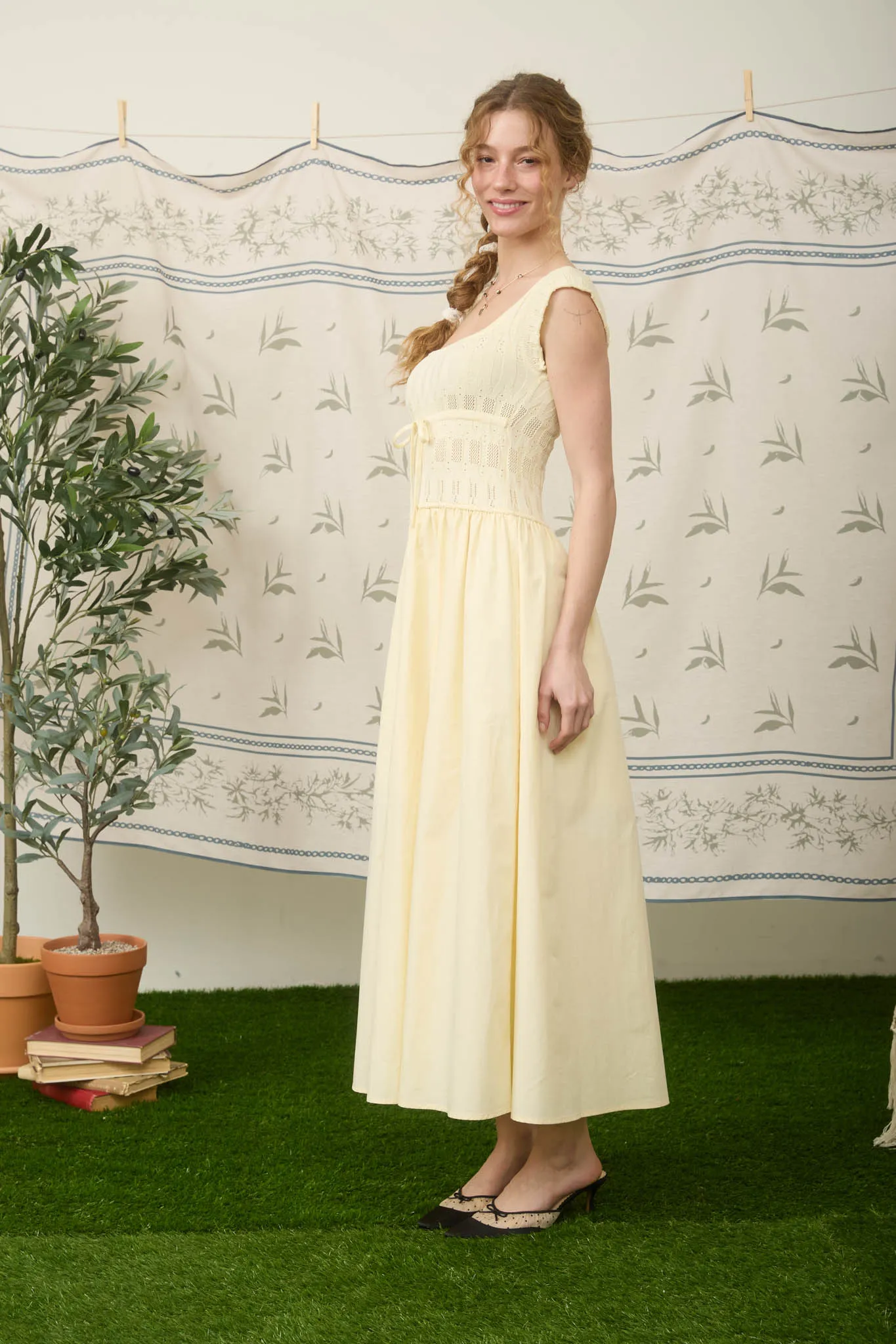 DRAWSTRING DETAIL MIXED MEDIA MIDI DRESS sold by Blu Pepper product image thumbnail 3