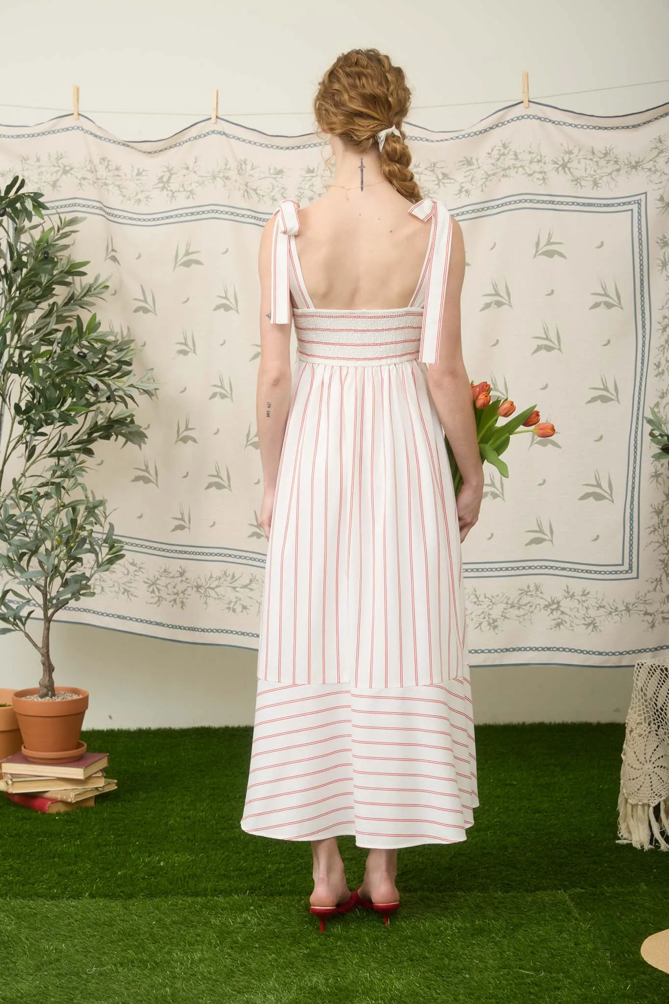 STRIPE TIE STRAP DETAIL EMPIRE WAIST MIDI DRESS sold by Blu Pepper product image thumbnail 2